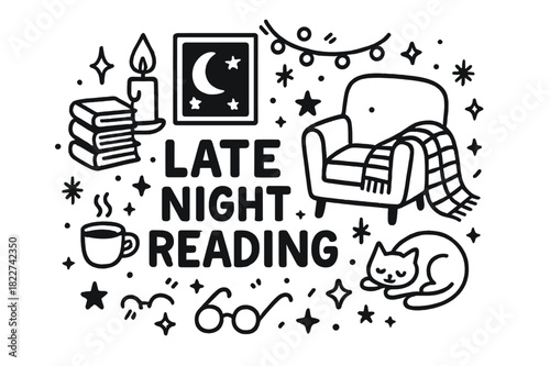 Cozy Night Reading. Late night reading. Hand-drawn doodle illustration of late night reading. Pile of books,