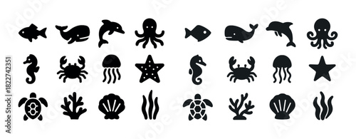 Marine life icons: fish, whale, dolphin, octopus, seahorse, crab, starfish, jellyfish, turtle, seashell, seaweed
