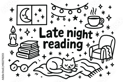 Cozy Night Reading. Late night reading. Hand-drawn doodle illustration of late night reading. Pile of books,