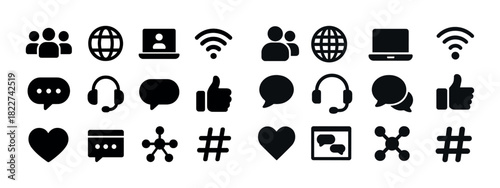 Communication and technology icons set: social media, internet, devices, connection symbols