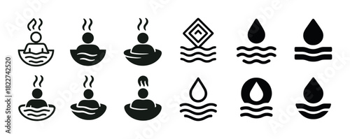 Collection of spa and wellness icons featuring steam and water symbols