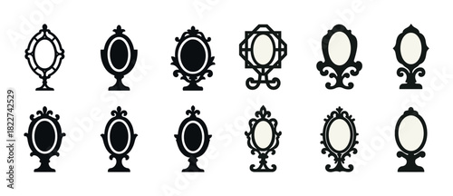 Variety of ornate vintage hand mirrors in black and white silhouettes