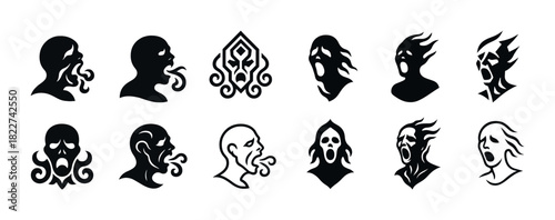 Collection of distinct silhouette face designs with expressive features