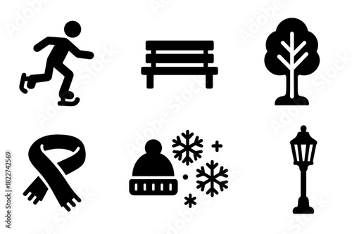 Cozy Skating Icons. Cozy skating scene. Filled icon set of cozy skating scene: person skating, ice rink, park