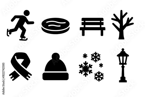 Cozy Skating Icons. Cozy skating scene. Filled icon set of cozy skating scene: person skating, ice rink, park