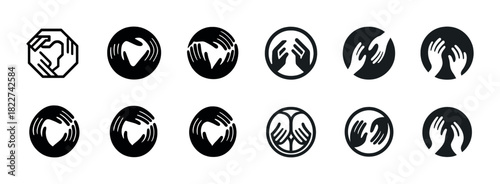Collection of 12 black and white hand emblem icons featuring diverse gestures