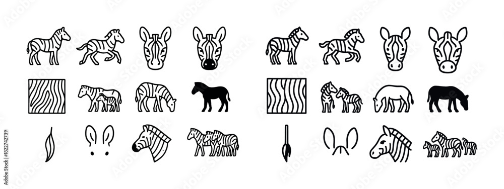 Obraz premium Zebra patterns and icons: heads, full bodies, and stripes in black and white illustration