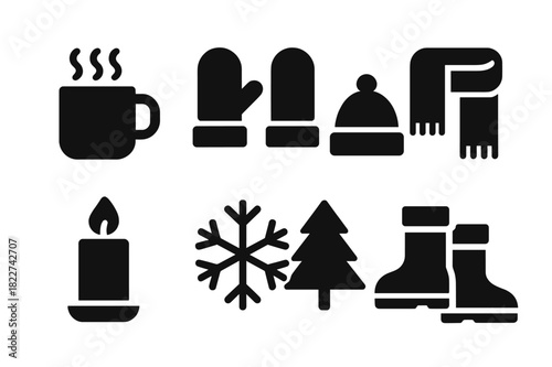 Cozy Winter Icons. Cozy winter icons. Filled icon set of cozy winter icons: mug with steam, mittens, wool hat,