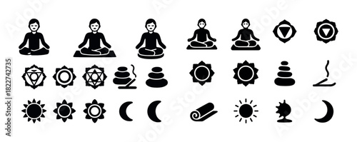 Meditation and spirituality icons: yoga poses, chakra symbols, zen elements, sun and moon
