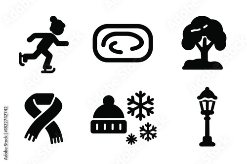 Cozy Winter Icons. Cozy winter skating. Filled icon set of cozy winter skating: skater, ice rink, park bench,