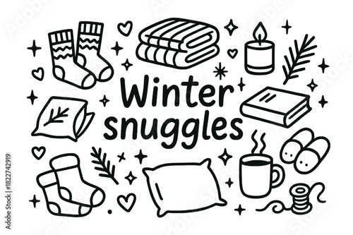 Cozy Winter Doodles. Winter snuggles. Hand-drawn doodle illustration of winter snuggles. Knitted socks, folded