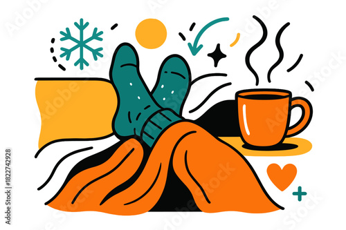 Cozy Winter Essence. Winter relaxation. Feet in cozy wool socks resting on a sofa, soft blanket draped over
