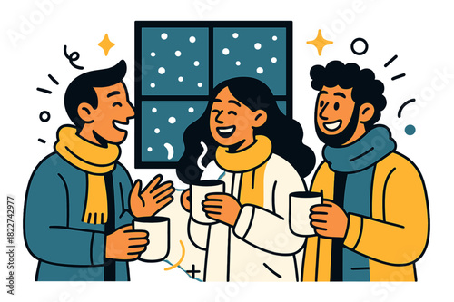 Cozy Winter Gathering. Warm winter chat. Friends smiling and chatting while sipping hot drinks, cozy coats and