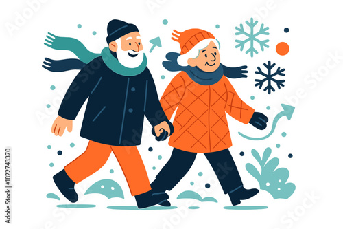 Cozy Winter Walk. Elderly couple holding hands in winter coats. Warmly dressed couple walking hand in hand
