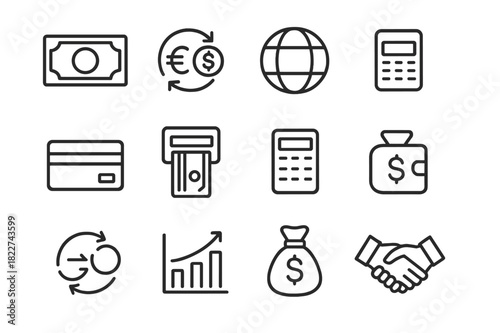 Currency Exchange Icons. Money conversion set. Line outline icon set of money conversion set: banknote,