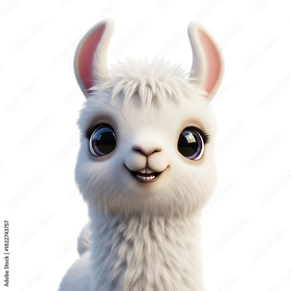 Naklejka premium cartoon fluffy white llama, big purple eyes and a happy smile, isolated on a white or transparent background, cutout, PNG