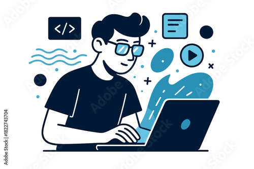 Digital Creativity Unleashed. Digital Focus. Minimal figure working on laptop, glowing screen reflecting in