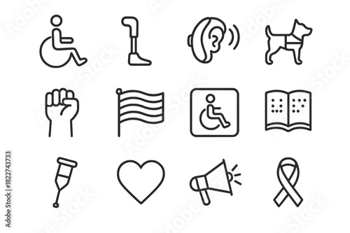 Disability Icons Collection. Disability pride and empowerment. Line outline icon set of disability pride and