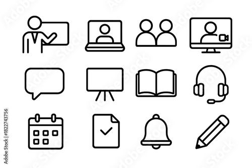 Distance Learning Icons. Distance learning icons. Line outline icon set of distance learning icons: teacher,