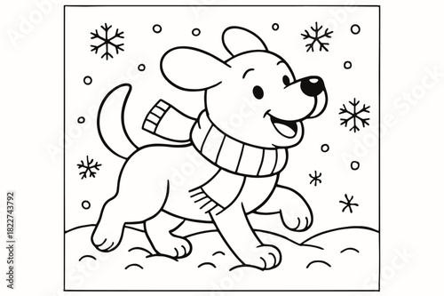Dog in Snow. Dog with scarf in snow children?s coloring book illustration, outlined drawing, dog wearing a
