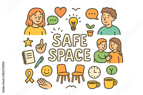 Doodle Safe Space. Safe space. Hand-drawn doodle illustration of safe space. People, chairs, heart, speech