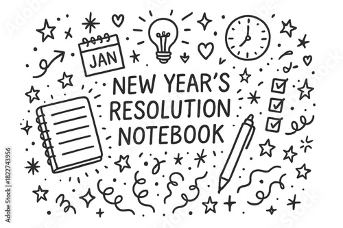 Doodled Resolution Notebook. New Year?s resolution notebook. Hand-drawn doodle illustration of New Year?s