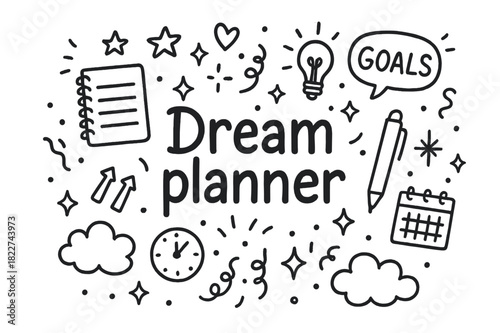 Dream Planner Doodle. Dream planner. Hand-drawn doodle illustration of Dream planner. notebook, stars, hearts,