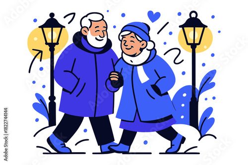 Elderly Stroll in Snow. Evening walk. Elderly couple in winter coats walking past glowing street lamps, light
