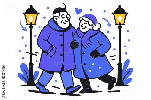 Elderly Stroll in Snow. Evening walk. Elderly couple in winter coats walking past glowing street lamps, light