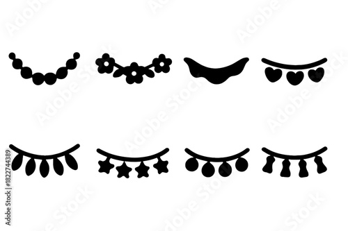 Elegant Garland Icons. Elegant garlands. Filled icon set of elegant garlands: bead strand, floral garland,