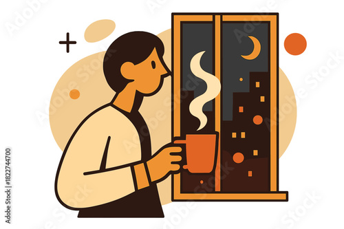 Evening Coffee Glow. Evening Coffee. Minimal figure holding a steaming cup near a window as city lights glow