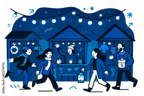 Evening Market Glow. Evening market lights. String lights stretch above rows of winter craft stalls, glowing