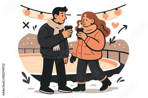 Evening Rink Glow. Evening warmth. Couple standing on snowy sidewalk by ice rink, sipping warm drinks, cozy