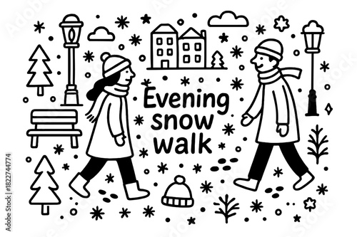 Evening Snow Walk. Evening snow walk. Hand-drawn doodle illustration of evening snow walk. Snowflakes, people