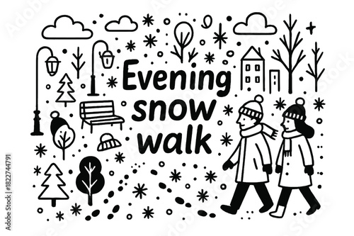 Evening Snow Walk. Evening snow walk. Hand-drawn doodle illustration of evening snow walk. Snowflakes, people