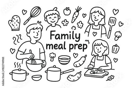 Family Cooking Fun. Family meal prep. Hand-drawn doodle illustration of Family meal prep. parents, children,