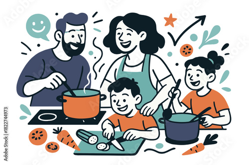 Family Cooking Fun. Family cooking together. Parents and children chopping vegetables and stirring pots in a