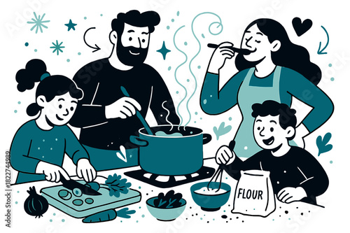 Family Cooking Adventure. Meal prep fun. Family chopping vegetables, stirring pots, and tasting recipes