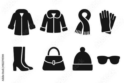 Fashion Essentials Icons. Fashion essentials. Filled icon set of fashion essentials: fur coat, fur-trimmed