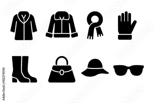 Fashion Essentials Icons. Fashion essentials. Filled icon set of fashion essentials: fur coat, fur-trimmed