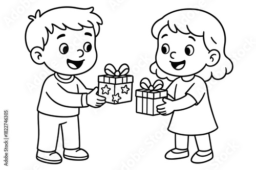 Festive Gift Exchange. Festive handmade presents children?s coloring book illustration, outlined drawing,