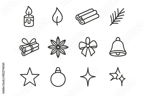 Festive Icon Grid. Festive Candle and Spice. Line outline icon set of Festive Candle and Spice: candle, flame,