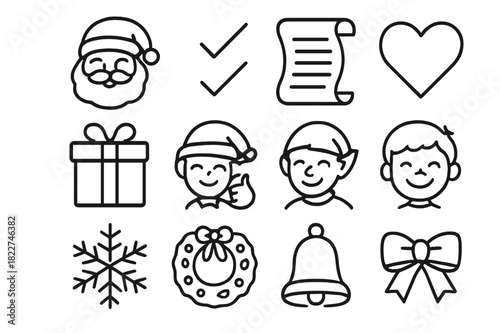 Festive Icon Grid. Nice List. Line outline icon set of Nice List: Santa smiling, checkmarks, scroll, heart,