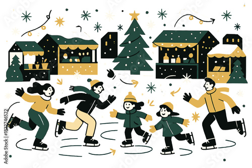 Festive Ice Skating. Festive square. People ice skating on a small rink in the town square, market stalls
