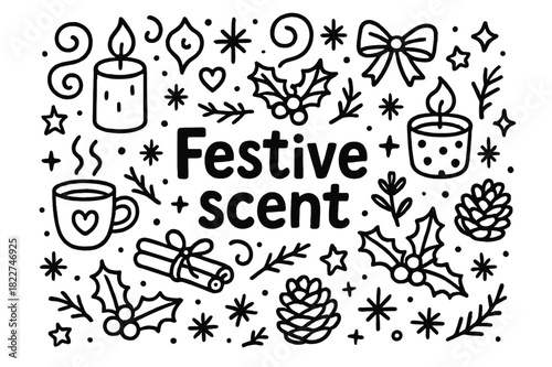 Festive Scent Doodle. Festive scent. Hand-drawn doodle illustration of festive scent. Candles, cinnamon sticks