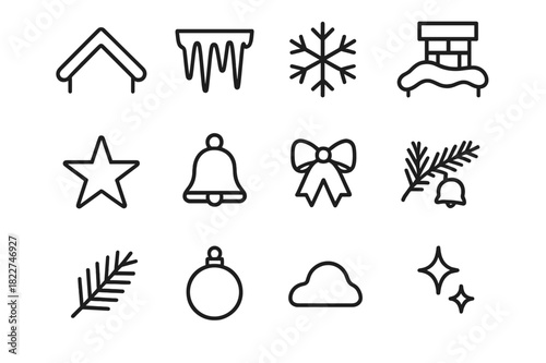 Festive Rooftop Icons. Festive Rooftops. Line outline icon set of Festive Rooftops: roof, icicles, snow layer,