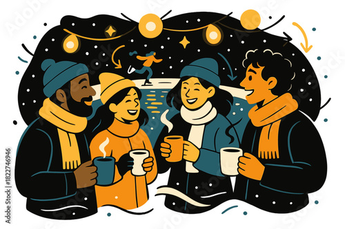 Festive Skate Gathering. Evening warmth. Group gathered with mugs by the skating rink, reflections of lights