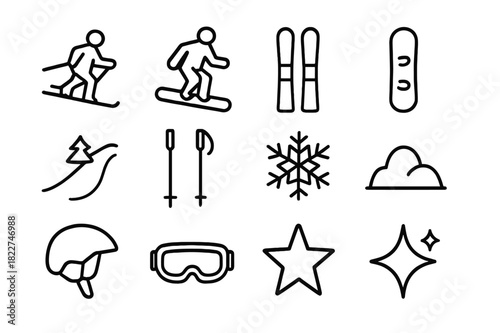 Festive Skiing Icons. Festive Skiing Collection. Line outline icon set of Festive Skiing Collection: skier,