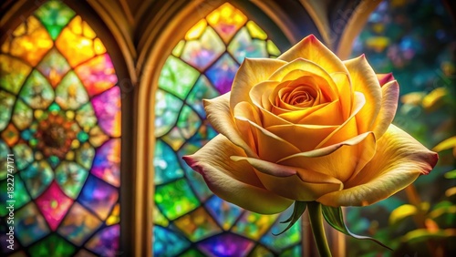 A Single Golden Rose Blossoms Before Vibrant Stained Glass Windows, Illuminated by Soft Light, Displaying Intricate Details and Rich Hues