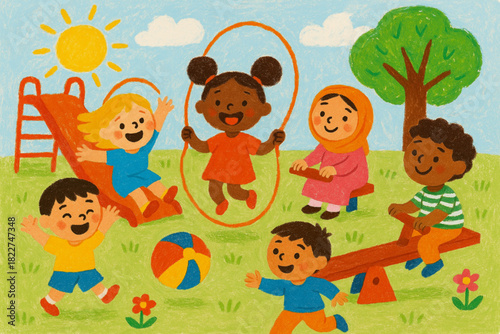 Colorful playground illustration of diverse children playing with swings, slide, jump rope, and ball under a smiling sun.